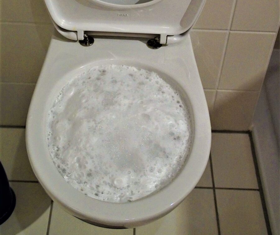 Sur cette image on peut voir une cuvette de WC qui déborde. Lorsqu'on tire la chasse d'eau et que les toilettes sont bouchées, alors l'eau remonte.