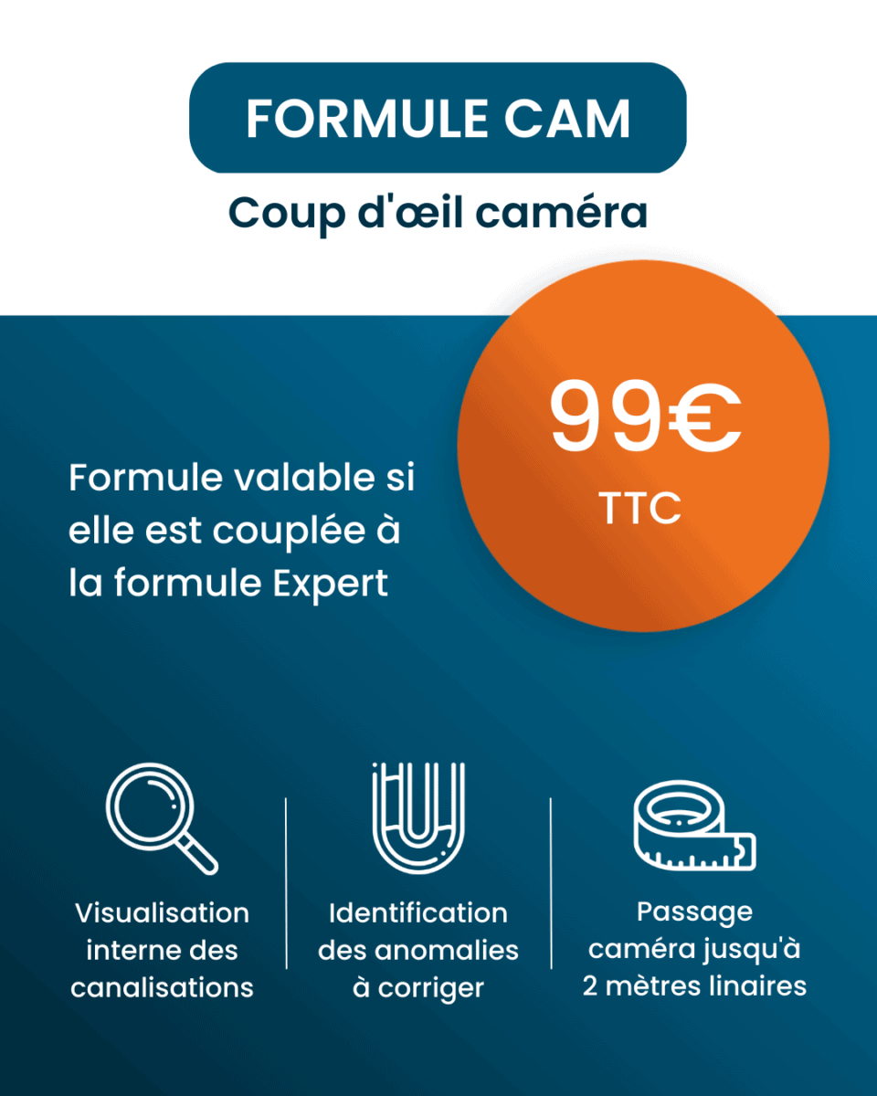 La formule Cam correspond à un coup d'œil caméra allant jusqu'à 2 mètres linaires. Le prix du passage caméra est de 99€ TTC. Ce tarif est valable s'il y a une formule expert.
